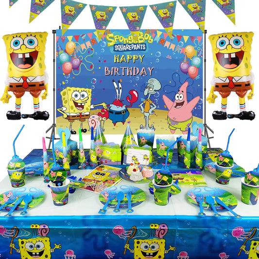 Cartoon Sponge-Bob Party Supplies Tableware Happy Birthday Decoration Plate Balloon Tablecloth Kid Faovr Party Baby Shower